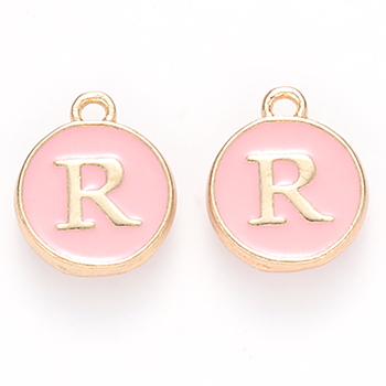 Golden Plated Alloy Enamel Charms, Cadmium Free & Lead Free, Enamelled Sequins, Flat Round with Letter, Pink, Letter.R, 14x12x2mm, Hole: 1.5mm