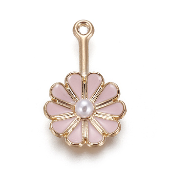 Alloy Enamel Pendants, with Acrylic Imitation Pearl, Flower, Light Gold, Pink, 26x16x5mm, Hole: 1.4mm