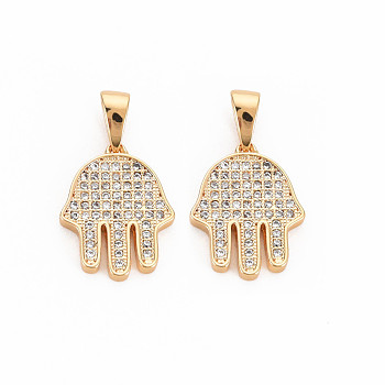 Brass Micro Pave Clear Cubic Zirconia Pendants, Nickel Free, Hamsa Hand/Hand of Miriam, Real 18K Gold Plated, 16x12.5x2mm, Hole: 3x2mm