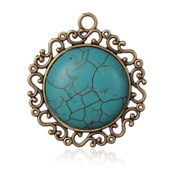 Flat Round Antique Bronze Plated Alloy Synthetic Turquoise Pendants, Nickel Free, 41x37x6mm, Hole: 3mm