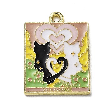 Word The Lovers Alloy Enamel Pendants, Golden, Black Cat Tarot Charm, White, 27x20x1.5mm, Hole: 2mm