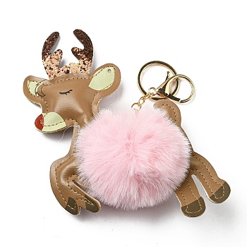 Imitation Rex Rabbit Fur & PU Leather Christmas Reindeer Pendant Keychain, with Alloy Clasp, for Bag Car Pendant Decoration, Pink, 15cm