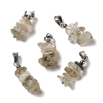 Natural Rutilated Quartz Chip Pendants, Lucky Charms with Stainless Steel Color Plated Stainless Steel Snap on Bails, 24~27x11~14x7~10mm, Hole: 7x4mm