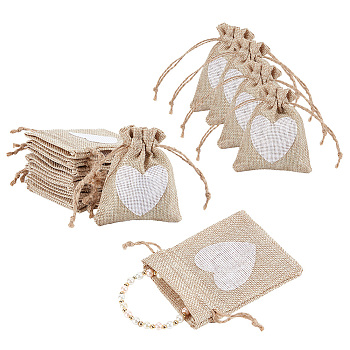 Jute Cloth Storage Bags, Drawstring Bags, Rectangle with Heart Pattern, Pale Goldenrod, 10x8x0.3cm