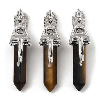 Natural Tiger Eye Pointed Pendants, Faceted Bullet Charms, with Rack Plating Platinum Plated Brass Fairy, 24x13mm, Hole: 5x8mm