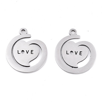 Valentine's Day 201 Stainless Steel Pendants, Laser Cut, Heart with Word Love, Stainless Steel Color, 19.5x17x0.9mm, Hole: 1.6mm
