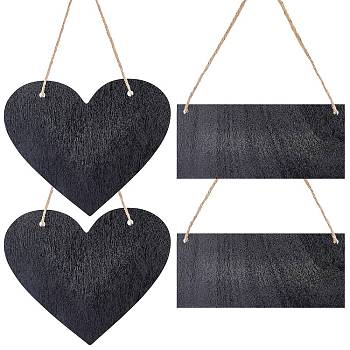 CRASPIRE 4Pcs 2 Style Heart & Rectangle Wooden Hanging Plate, Decoration Accessories, Black, 80~180x180~220x3mm, 2pcs/style