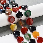 Natural Multi-Color Agate Beads Strands, with Seed Beads, Faceted Hexagonal Cut, Flat Round, Dyed & Heated, 12~12.5x5~6mm, Hole: 1.2~1.4mm, about 27~29pcs/strand, 15.55~15.75 inck(39.5~40cm)(G-NH0004-002B)