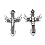 Alloy Rhinestone Pendants, Cross with Wings Charms, Gunmetal, 34.5x23x5mm, Hole: 2.5mm(RB-CBA18BA-04EB)