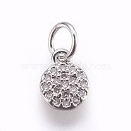 Brass Micro Pave Cubic Zirconia Charms, Lead Free & Cadmium Free, Flat Round, Platinum, 8x6x1.5mm, Hole: 3mm(ZIRC-E152-17P-RS)