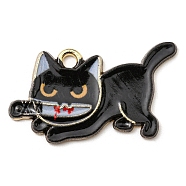 Printed Alloy Pendants, with Enamel, Golden, Cadmium Free & Nickel Free & Lead Free, Cat with Knife Shape Charms, Black, 17x29x1.5mm, Hole: 2mm(ENAM-L042-02G-08)