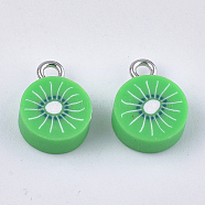 Handmade Polymer Clay Pendants, with Iron Findings, Imitation Food, Kiwi Fruit, Platinum, Lime Green, 13~14x10x4.5~5mm, Hole: 1.8mm(X-CLAY-S091-94)