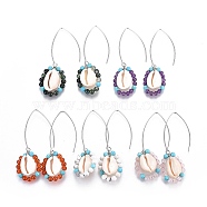 Stainless Steel Dangle Earrings, with Natural Mixed Stone Beads and Shell Beads, 68~70mm, Pin: 0.7mm(EJEW-JE02965)