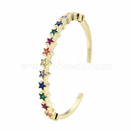 Cubic Zirconia Star Open Cuff Bangle, Real 18K Gold Plated Brass Jewelry for Women, Colorful, Inner Diameter: 2-3/8 inch(6cm)(BJEW-N012-042)