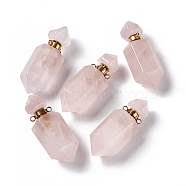 Faceted Bullet Natural Rose Quartz Perfume Bottle Pendants, Essentail Oil Diffuser Charm, with Golden Tone Metal Findings, for Jewelry Making, 42~45x16~17x16~17mm, Hole: 2mm(G-A026-07C)