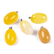 Natural Agate Dyed Pendants, Oval Charms with 201 Stainless Steel Snap on Bails, Stainless Steel Color, Yellow, 33~35x20~22x14~15mm, Hole: 6x3mm(G-Q172-07P-03)