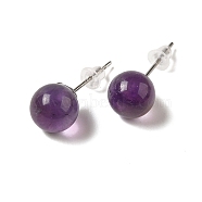 Natural Amethyst Stud Earrings, with Alloy Pins, Round, 20.5x8mm(G-B075-02P-04)