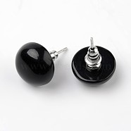 Half Round Dome Natural Black Agate Stud Earrings, with Platinum Plated Brass Findings, 18mm, Pin: 0.8mm(EJEW-L171-07)