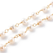 Handmade cultured Freshwater Pearl Beaded Chains, with Copper Wire, Soldered, Real 18K Gold Plated, 6~10x7~9x4~7mm, 39.37 inch(1m)/strand(AJEW-JB00949-01)