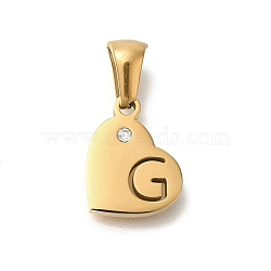 304 Stainless Steel Heart Pendants with Rhinestone, Golden, Letter G, 11x13x2.5mm, Hole: 5x3mm(STAS-Z103-01G-07)