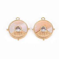 Brass Micro Pave Clear Cubic Zirconia Pendants, with Freshwater Shell, Nickel Free, Flat Round with Word DIER, Real 18K Gold Plated, 16x15x2.5mm, Hole: 1.2mm(KK-T062-185G-NF)