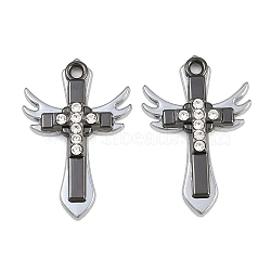 Alloy Rhinestone Pendants, Cross with Wings Charms, Gunmetal, 34.5x23x5mm, Hole: 2.5mm(RB-CBA18BA-04EB)
