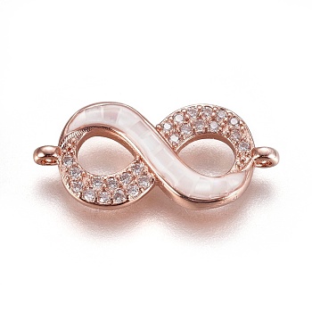 Brass Micro Pave Cubic Zirconia Links, with Shell, Infinity, Rose Gold, 10.5x23x3mm, Hole: 1.2mm