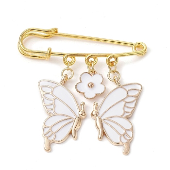 Butterfly & Flower Charm Alloy Enamel Brooches for Women, Iron Safety Pin Brooch, Kilt Pins, White, 50mm
