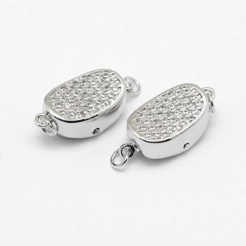 Brass Box Clasps, with Cubic Zirconia, Cadmium Free & Nickel Free & Lead Free, Real Platinum Plated, Oval and Gridding, Clear, 18x8.5~9x7mm, Hole: 2mm