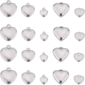 20Pcs 5 Style 304 Stainless Steel Charms, Heart, Stainless Steel Color, 4pcs/style