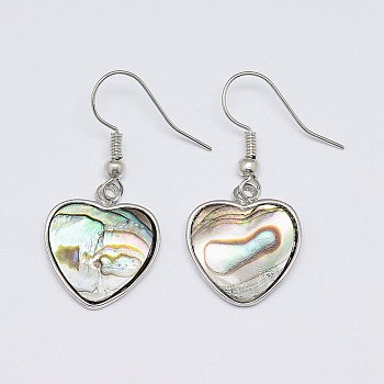 Abalone Shell/Paua Shell Dangle Earrings, with Brass Earring Hooks, Heart, Platinum, 35mm, pin: 0.5mm
