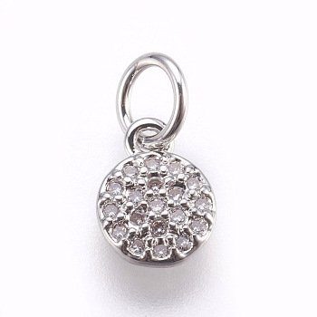 Brass Micro Pave Cubic Zirconia Charms, Lead Free & Cadmium Free, Flat Round, Platinum, 8x6x1.5mm, Hole: 3mm