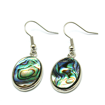 Abalone Shell/Paua ShellEarrings, Single Side, with Brass Earring Hooks, Oval, Colorful, 40x15x3mm