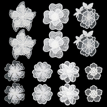 14Pcs 7 Style Lace Embroidery Sewing Fiber Ornaments, DIY Garment Accessories, Flower, White, 60~100x60~89mm, 2pcs/style