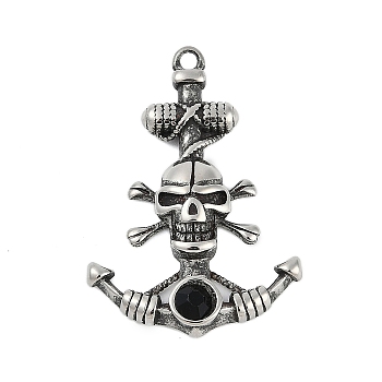 304 Stainless Steel Pendants, with Rhinestone, Anchor with Skull Charm, Antique Silver, 36.5x25.5x4.5mm, Hole: 2mm