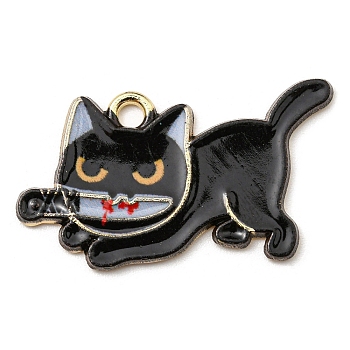 Printed Alloy Pendants, with Enamel, Golden, Cadmium Free & Nickel Free & Lead Free, Cat with Knife Shape Charms, Black, 17x29x1.5mm, Hole: 2mm