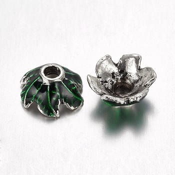 Alloy Bead Caps, Flower, with Enamel, 6-Petal, Antique Silver, Green, 11x5mm, Hole: 2mm