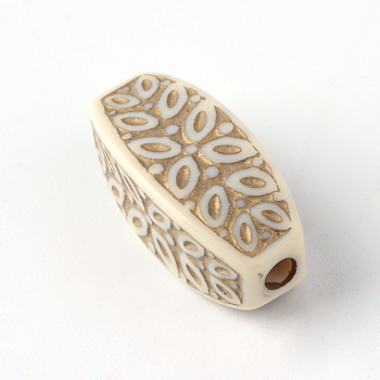 Column Plating Acrylic Beads, Golden Metal Enlaced, Beige, 29x12.5mm, Hole: 3.5mm, about 140pcs/500g