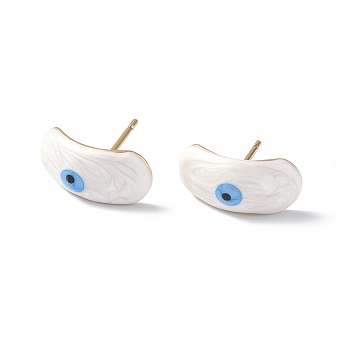 Enamel Curved Oval with Evil Eye Stud Earrings, Real 18K Gold Plated Brass Jewelry for Women, White, 7.5x15.5mm, Pin: 0.8mm