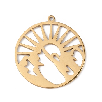 304 Stainless Steel Pendants, Flat Round with Sun & Mountain Charm, Golden, 27x25x0.9mm, Hole: 1.4mm