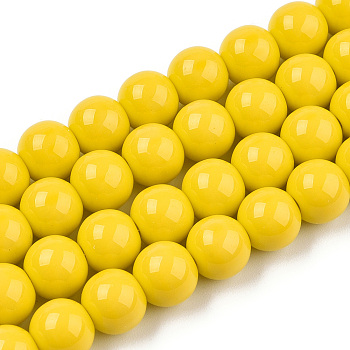 Opaque Solid Color Glass Beads Strands, Round, Gold, 8~8.5mm, Hole: 1.5mm, about 51~53pcs/strand, 14.96 inch~15.55 inch(38~39.7cm)