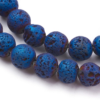 Vacuum Plating Electroplated Natural Lava Rock Bead Strands, Round, Blue Plated, 8~8.5mm, Hole: 1mm, about 48pcs/strand, 15.35 inch(39cm)