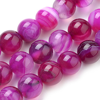 Natural Striped Agate/Banded Agate Beads Strands, Dyed, Round, Fuchsia, 8mm, Hole: 1mm, about 47pcs/strand, 14.96 inch(38cm)