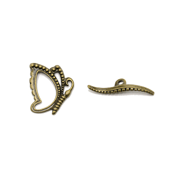 Zinc Alloy Toggle Clasps, Butterfly, Antique Bronze, 6~19.5x19~25.5x2.5~4.5mm, Hole: 2mm