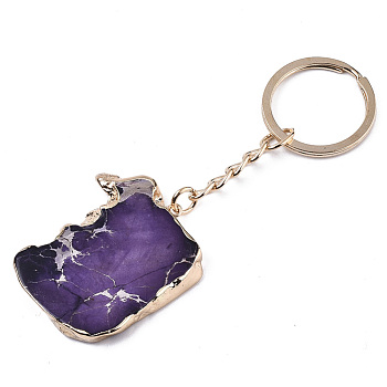 Natural Regalite/Imperial Jasper/Sea Sediment Jasper Keychain, with Golden Plated Edge & Light Gold Stainless Steel Split Key Rings, Dyed, Nuggets, Indigo, 92~110mm