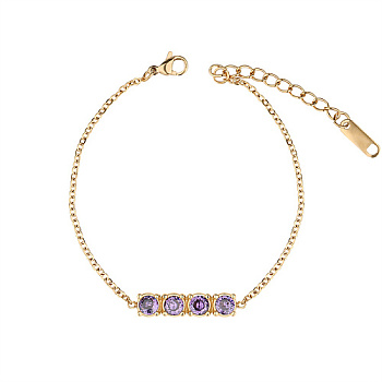 Rectangle Cubic Zirconia Link Bracelets, with Golden Stainless Steel Cable Chains, Lilac, no size