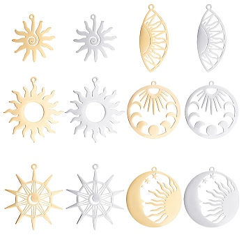 DICOSMETIC 12Pcs 12 Style Ion Plating(IP) 201 Stainless Steel Pendants, Laser Cut, Mixed Color, 23.5~35x15~30x1mm, Hole: 1.4~1.5mm, 2pc/style