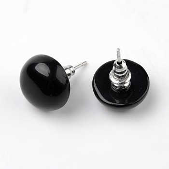 Half Round Dome Natural Black Agate Stud Earrings, with Platinum Plated Brass Findings, 18mm, Pin: 0.8mm