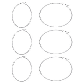 3 Pairs 304 Stainless Steel Ring Hoop Earrings, Hypoallergenic Earrings, Stainless Steel Color, 12 Gauge, 69~71x2mm, Pin: 0.7~1.3x0.68mm