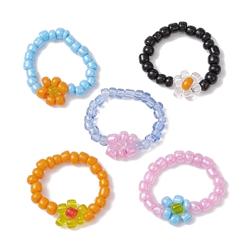 5Pcs 5 Colors Flower Glass Beads Stretch Rings for Women, Mixed Color, Inner Diameter: 15mm, 1pc/color